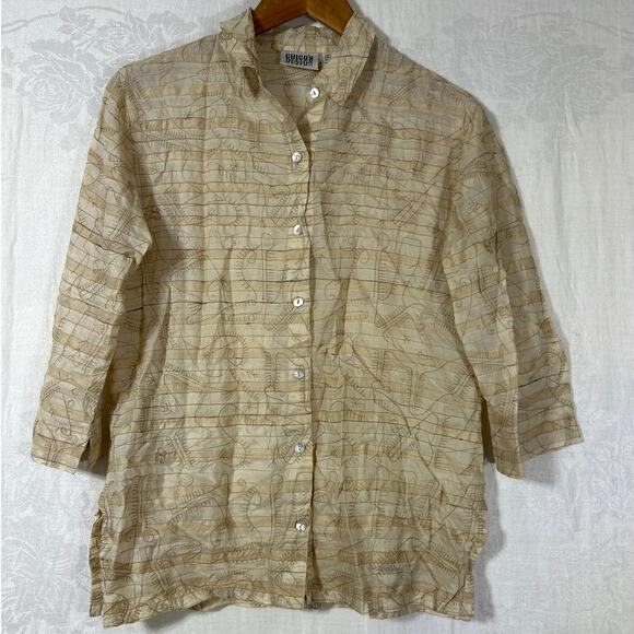 Chicos Design Button Up 1 Medium Tan Beige 100% Silk Embroidered Tunic - Picture 1 of 10
